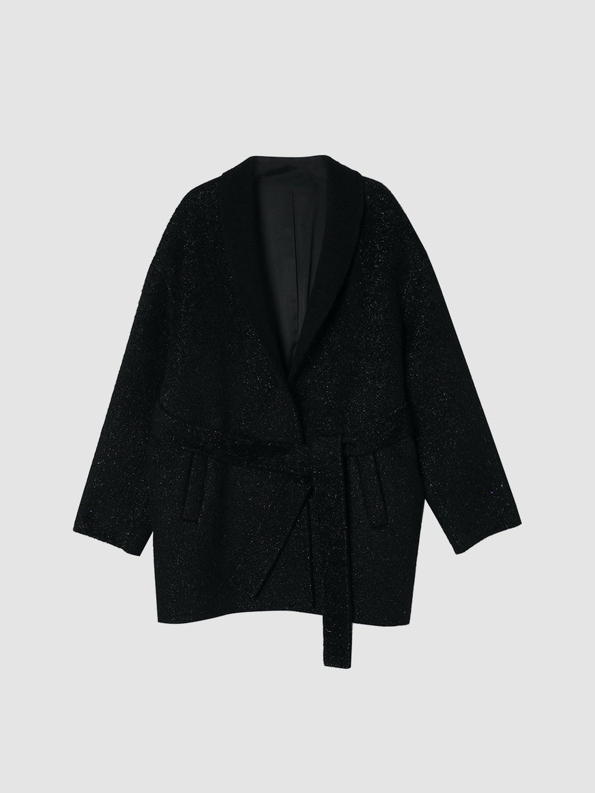 Shop the Arkin Studio outerwear collection, featuring the hero image of a metallic-thread wool blend belted coat