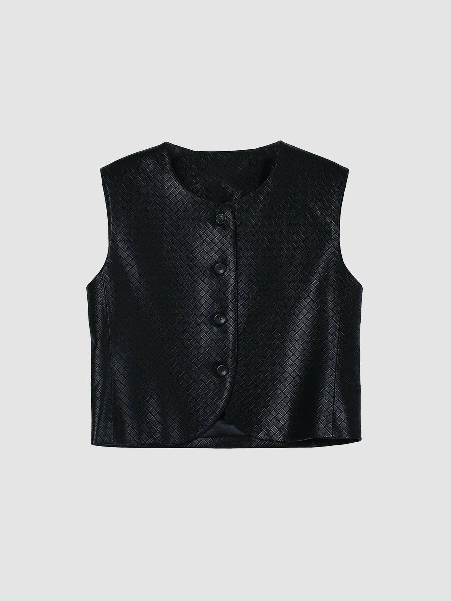 Arkin Studio artisan woven leather vest in black, main view on a white background
