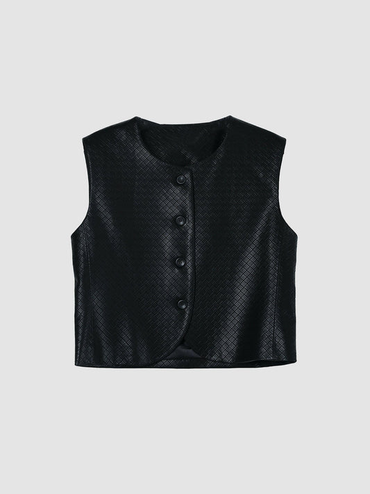 Arkin Studio artisan woven leather vest in black, main view on a white background