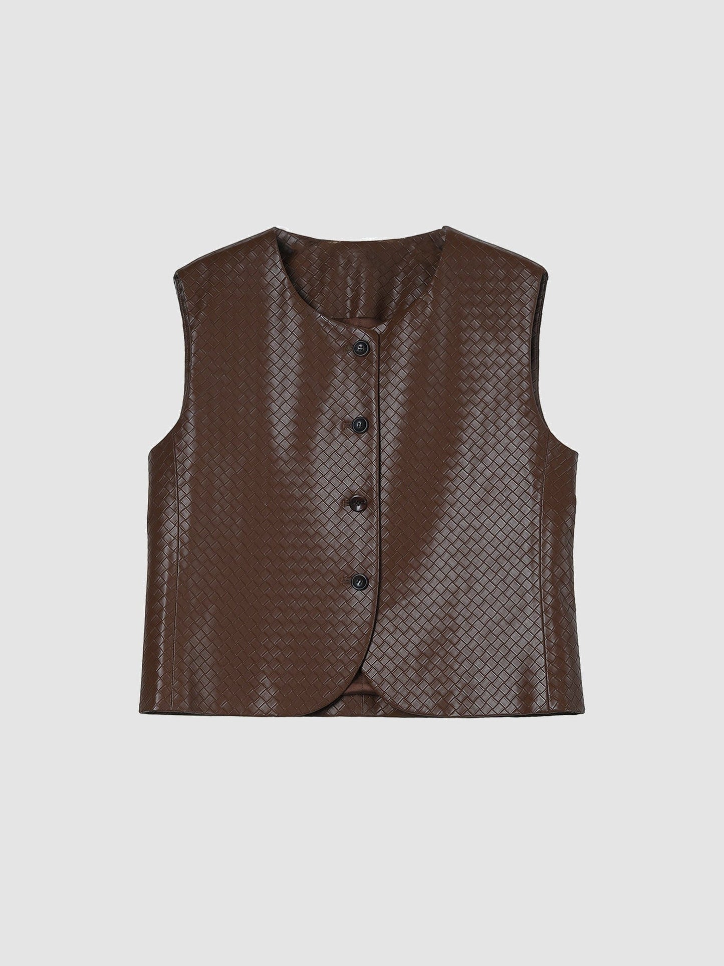 Arkin Studio artisan woven leather vest in brown, main view on a white background