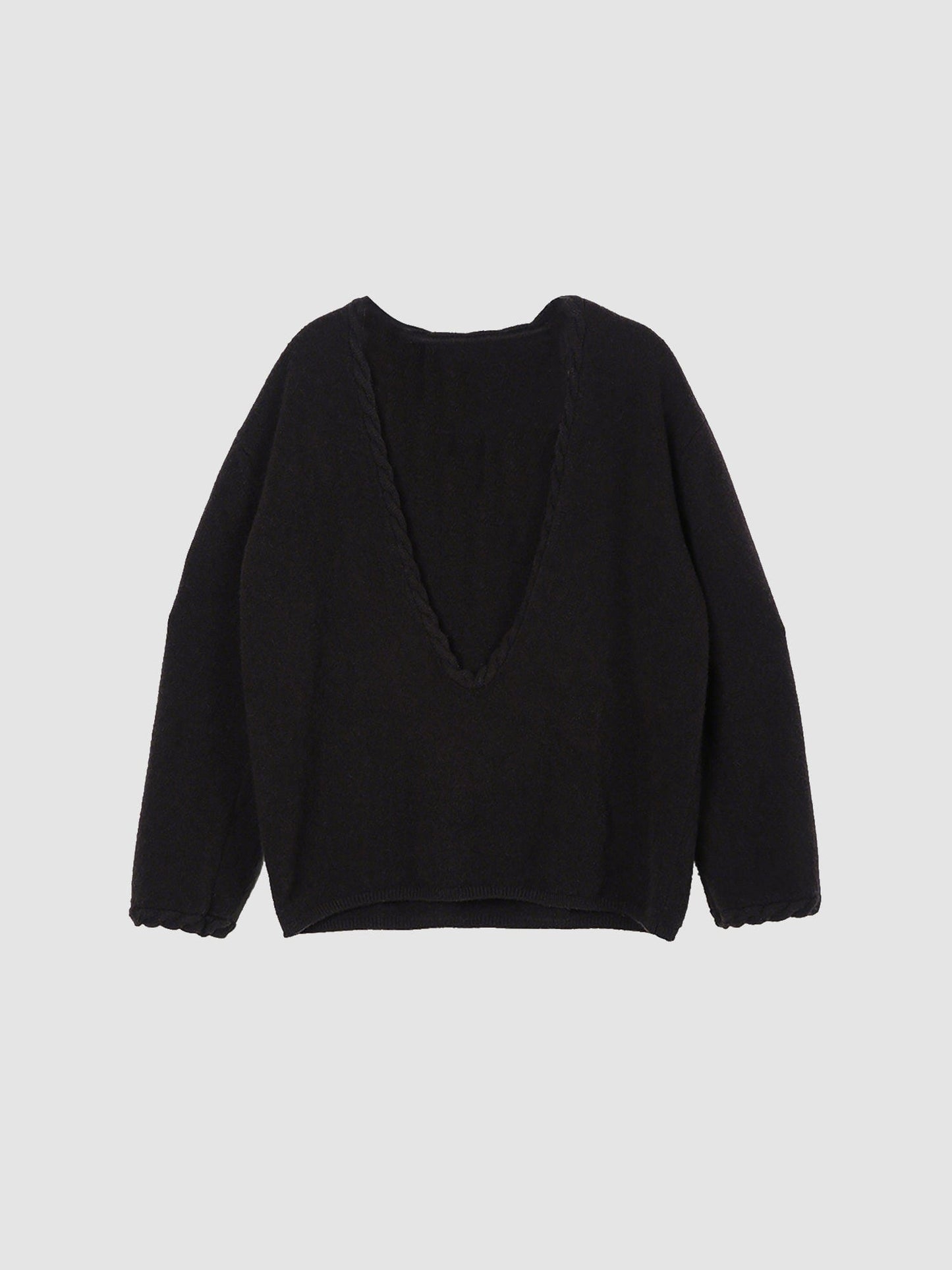Arkin Studio cable knit v-neck wool sweater in dark-brown, main view on a white background
