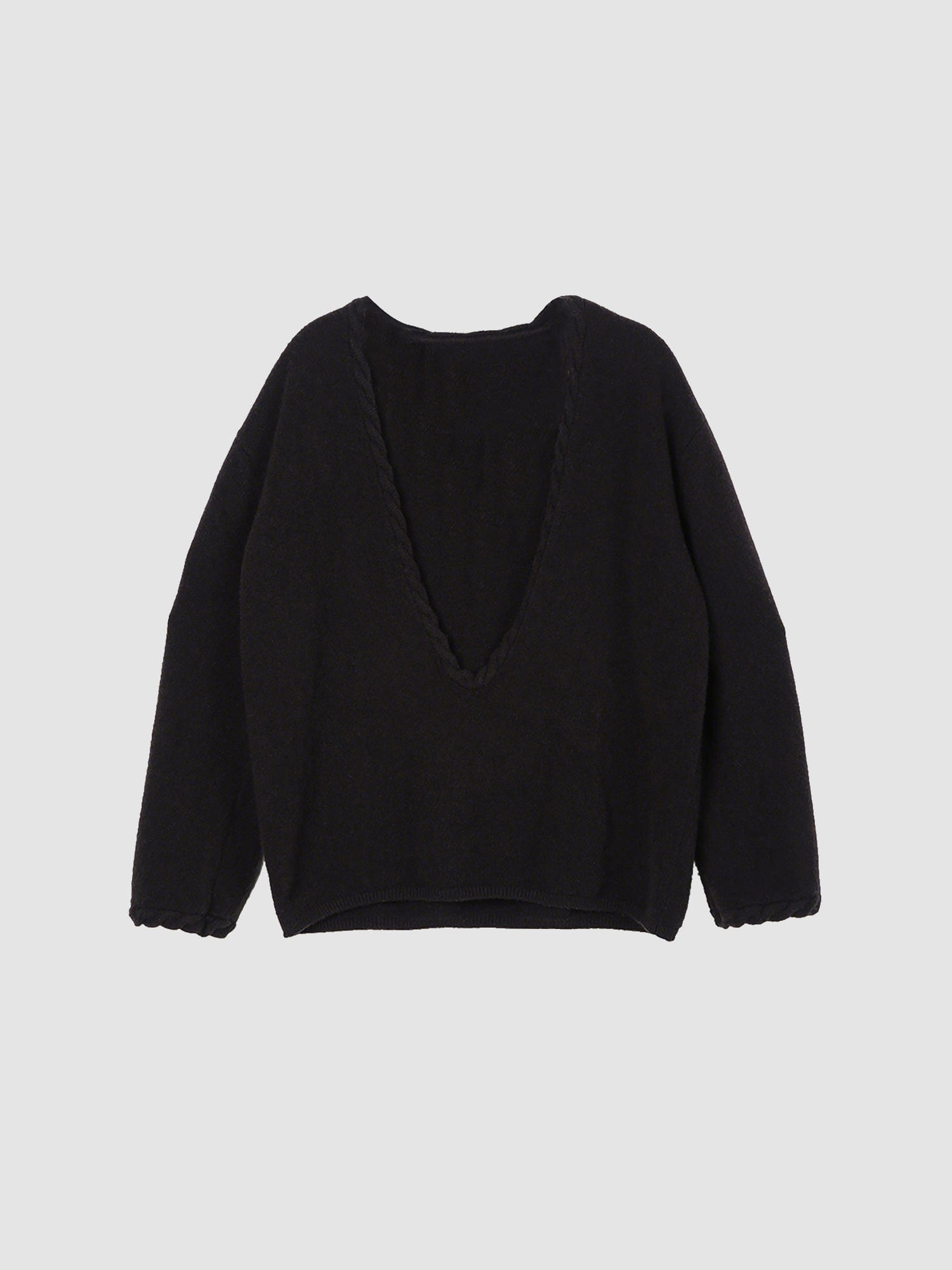 Arkin Studio cable knit v-neck wool sweater in dark-brown, main view on a white background