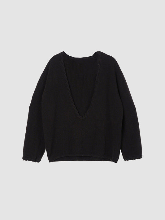 Arkin Studio cable knit v-neck wool sweater in dark-brown, main view on a white background
