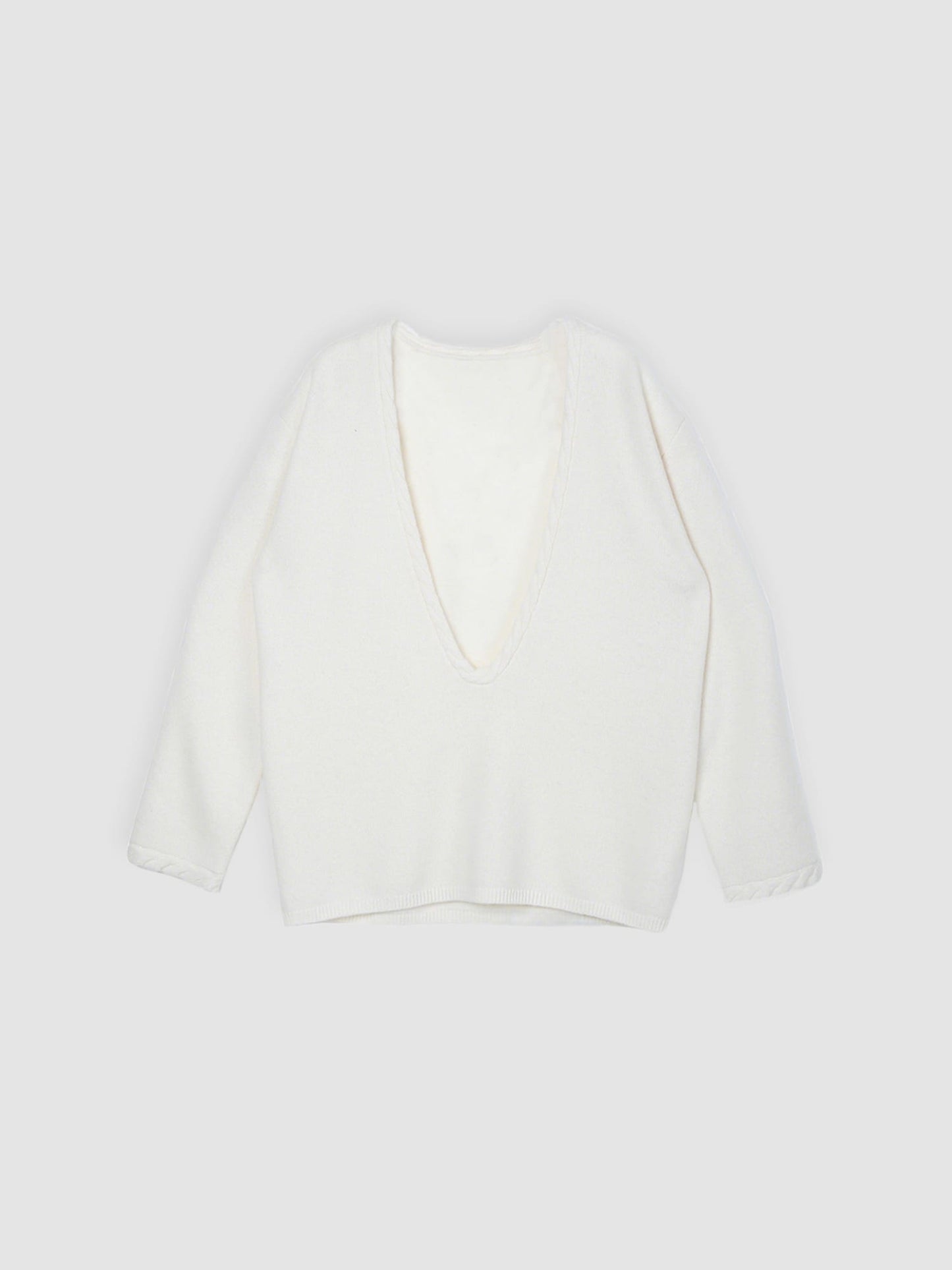 Arkin Studio cable knit v-neck wool sweater in white, main view on a white background