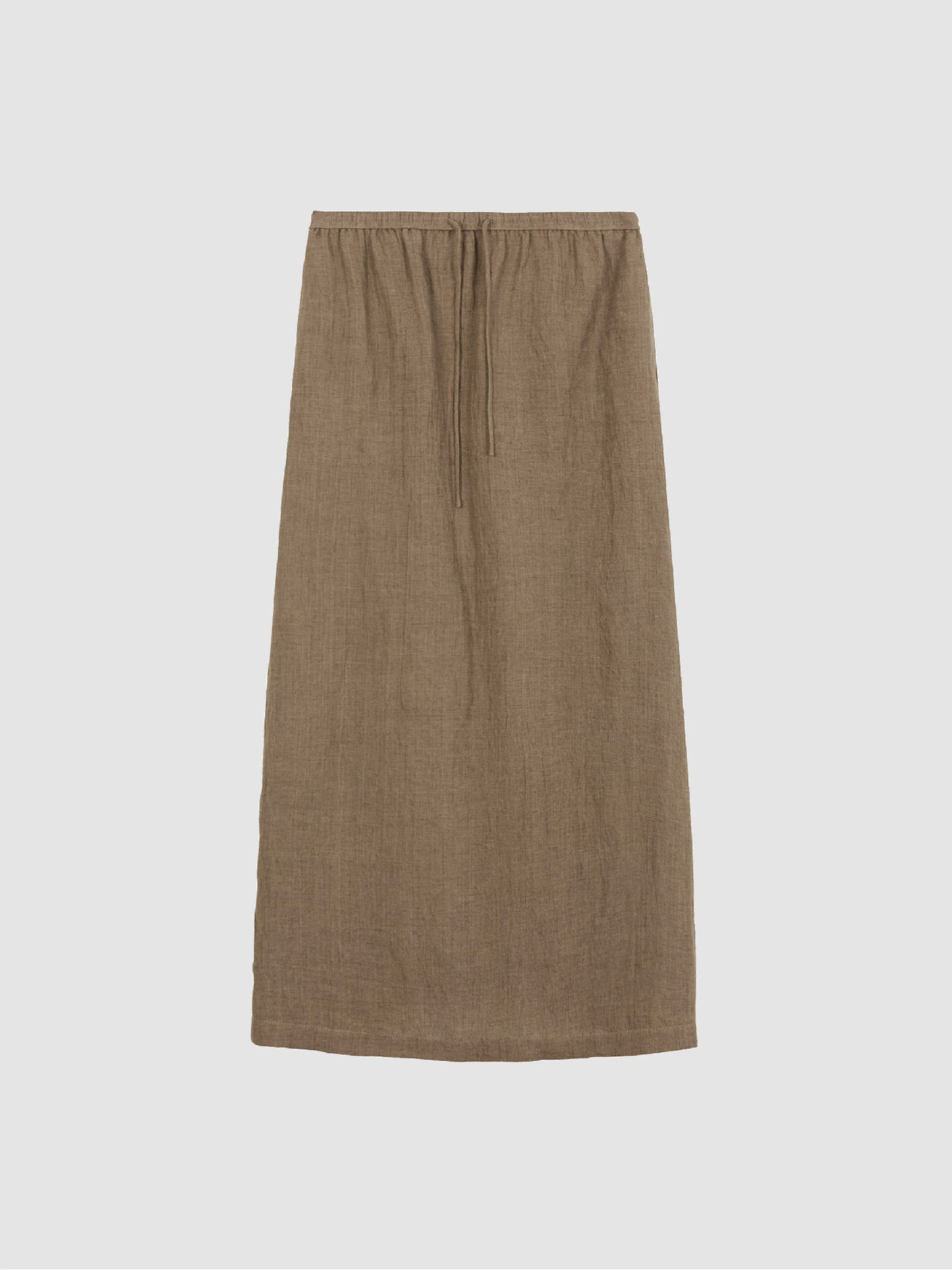 Arkin Studio crinkled linen relaxed midi skirt in coffee, main view on a white background