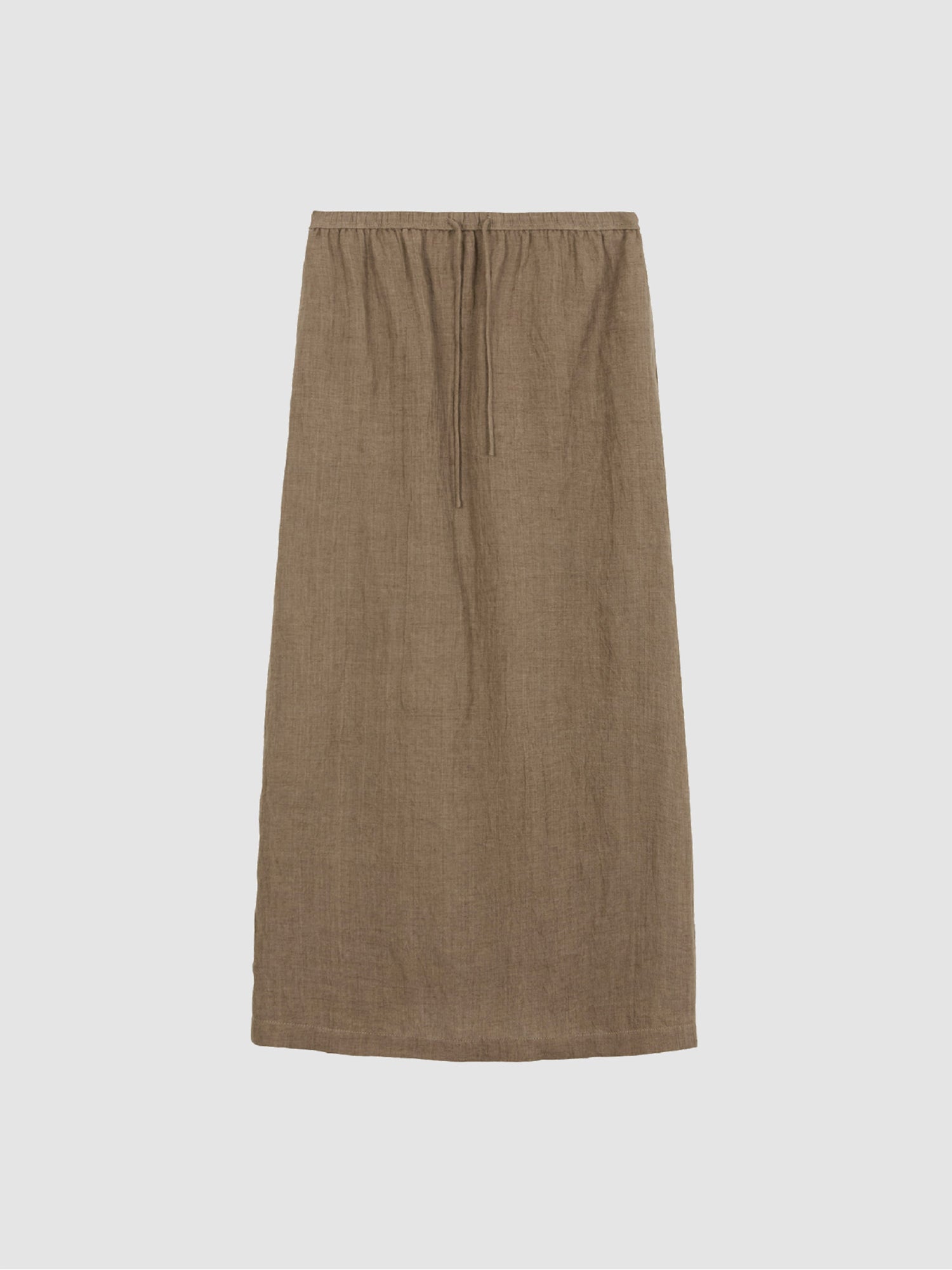 Arkin Studio crinkled linen relaxed midi skirt in coffee, main view on a white background