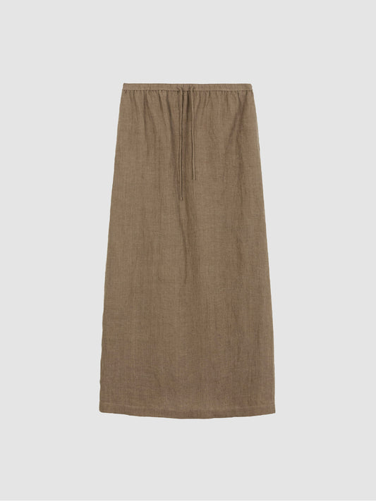 Arkin Studio crinkled linen relaxed midi skirt in coffee, main view on a white background