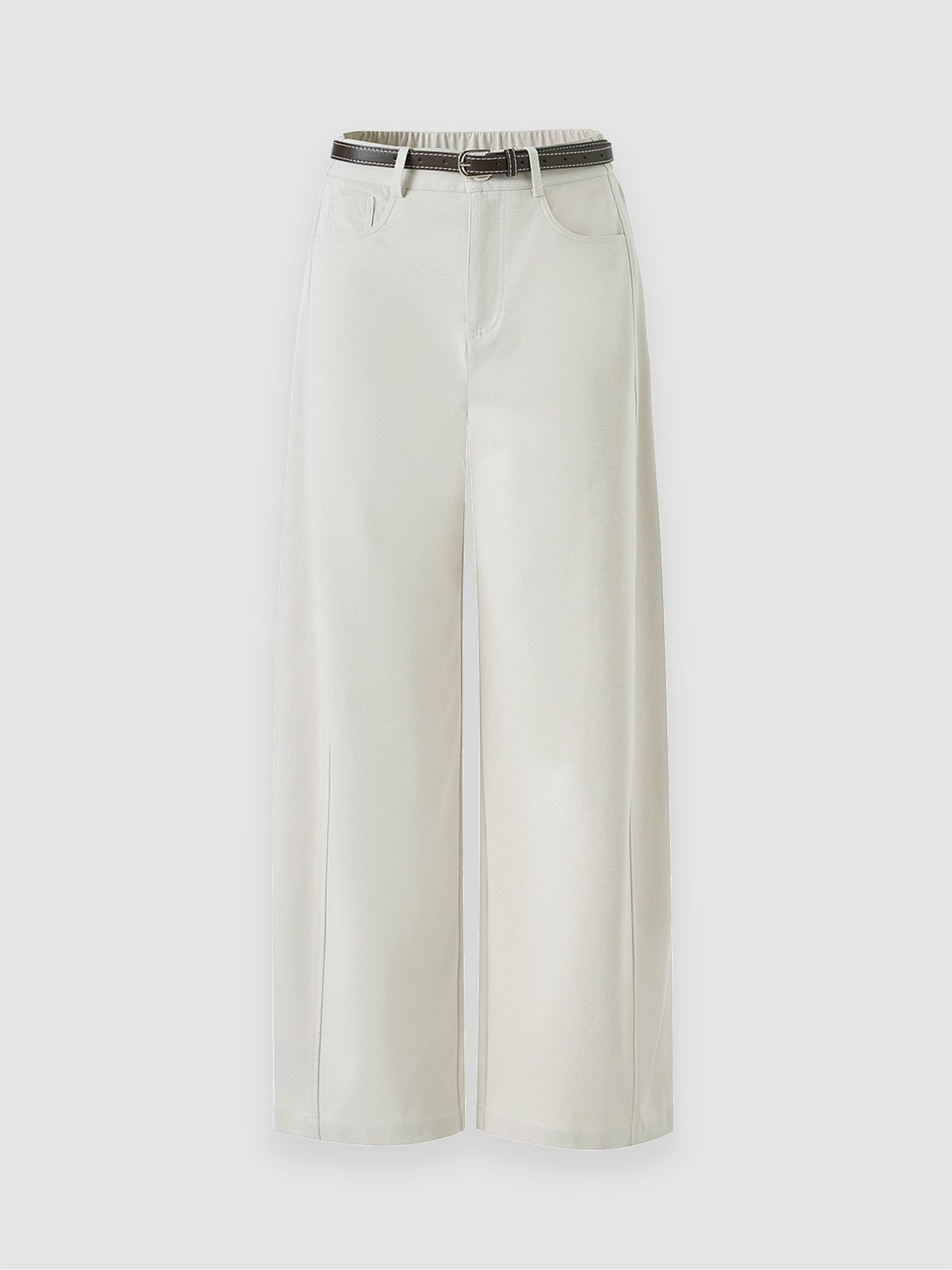 Arkin Studio high rise curved leg trousers in ivory, with a brown belt, main view on a white background
