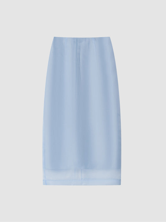 Arkin Studio high-waist mesh two-layer midi skirt in light blue, main view on white background