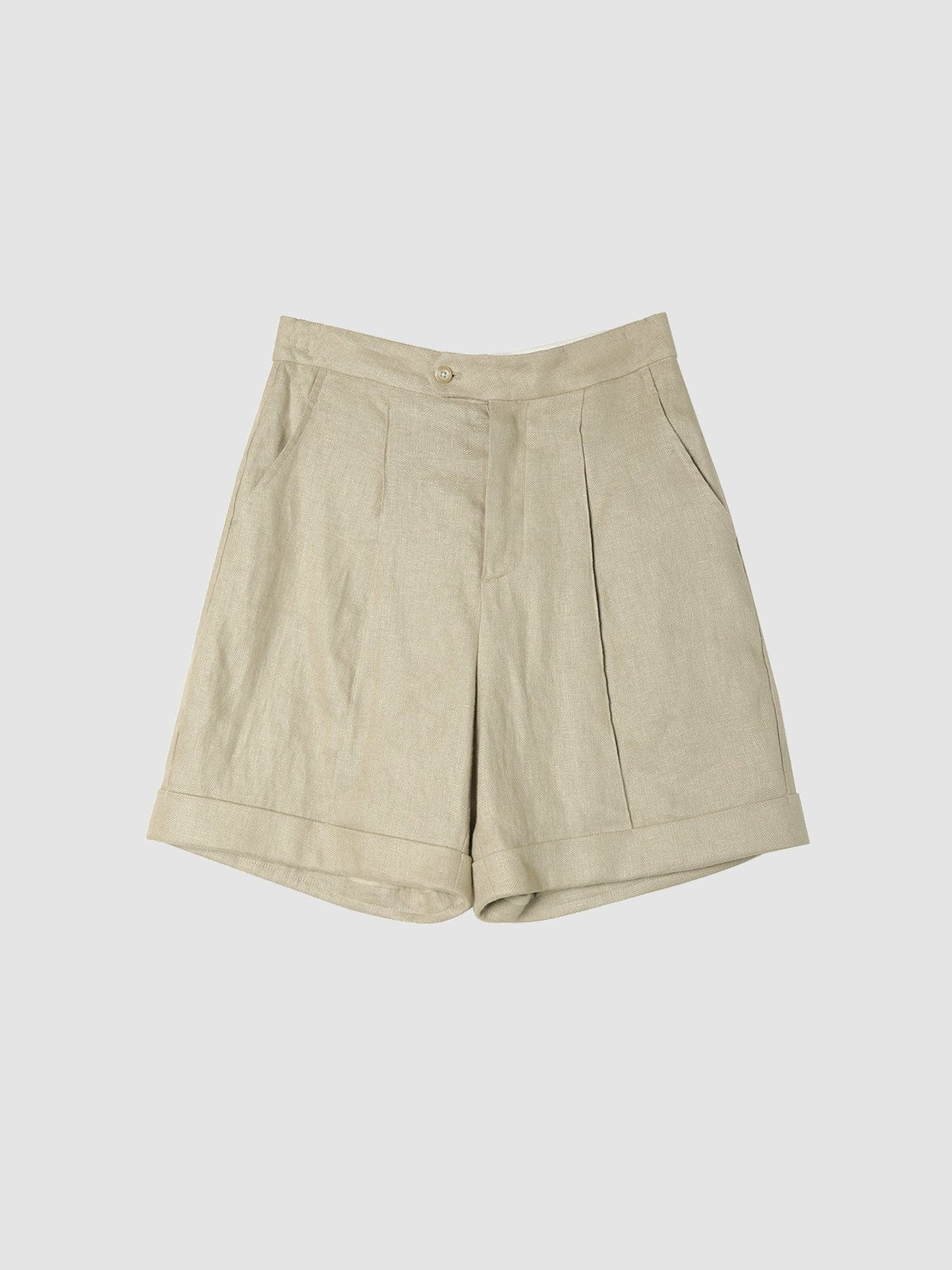 Arkin Studio high waist turn up linen shorts in khaki, main view on a white background
