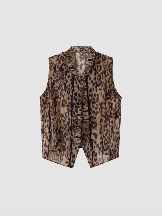 Arkin Studio leopard chiffon v-neck tie blouse in brown, main view on a white background