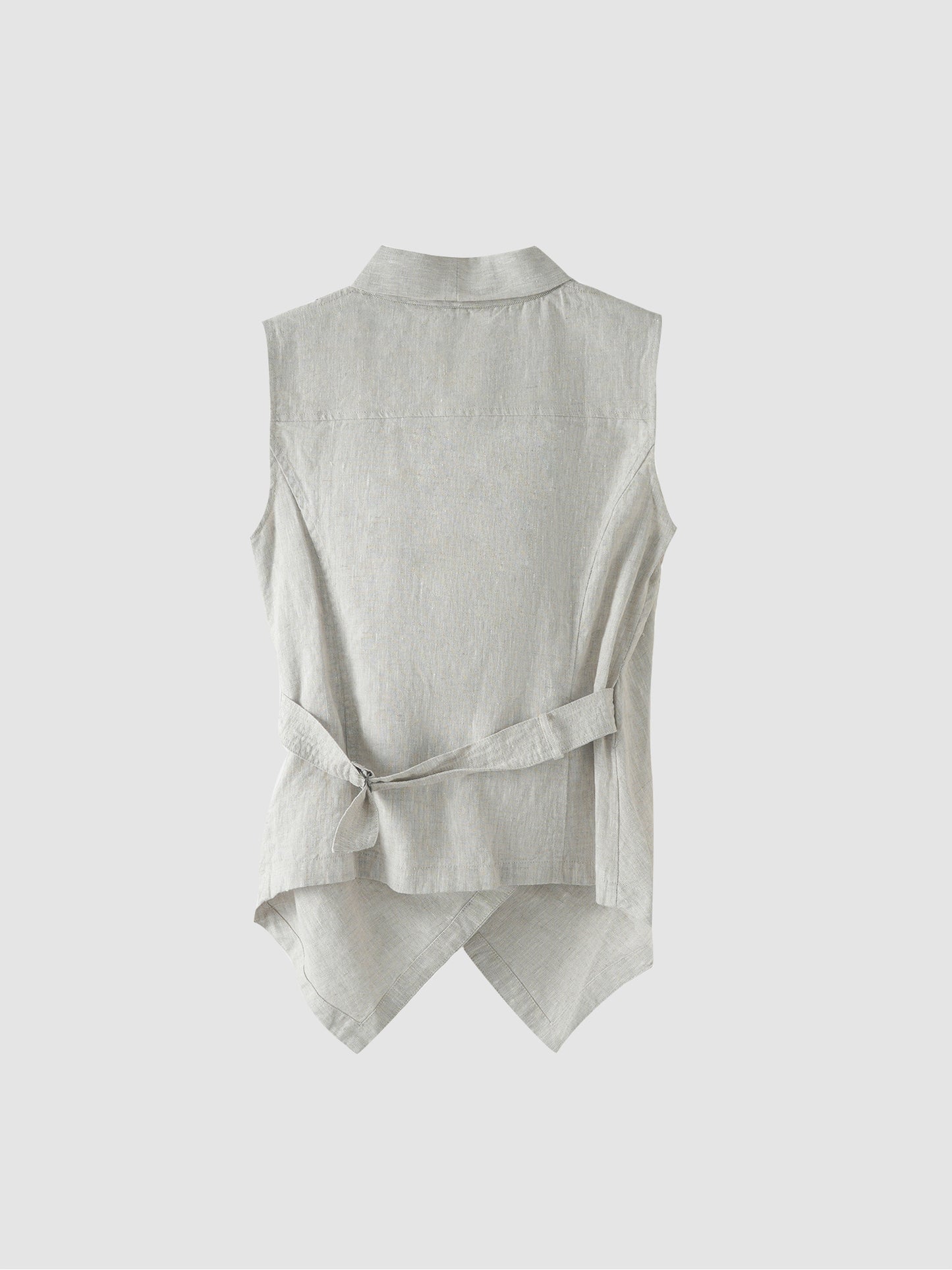 Arkin Studio linen v-neck d-ring vest in light-gray, back view on a white background