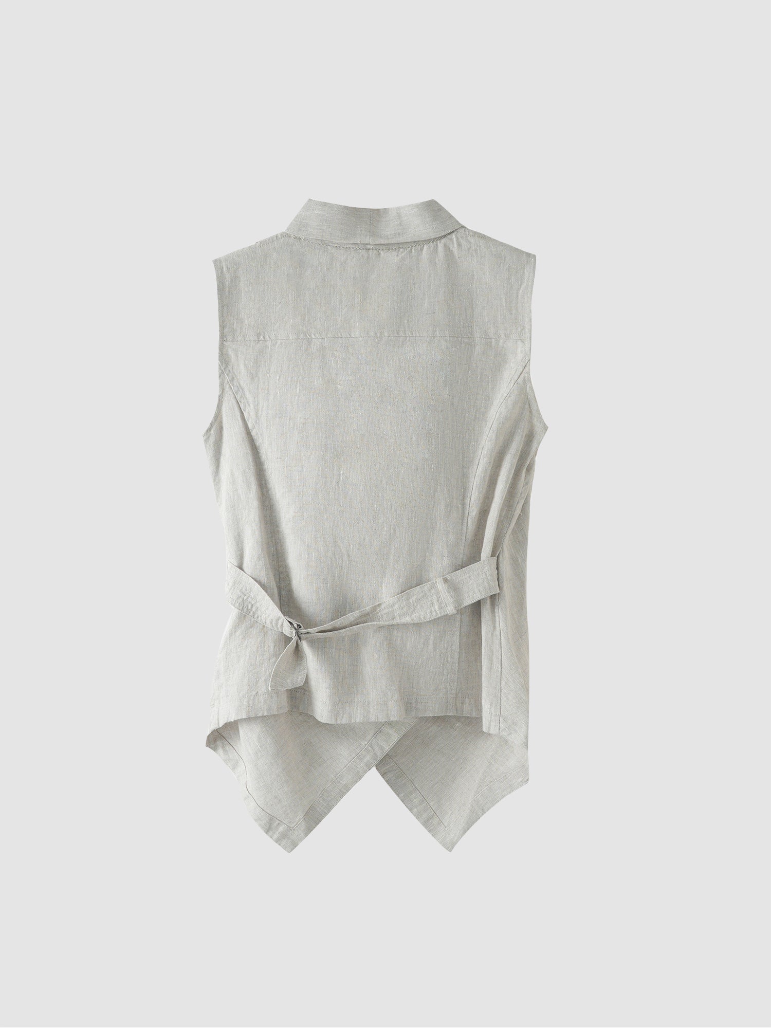 Arkin Studio linen v-neck d-ring vest in light-gray, back view on a white background