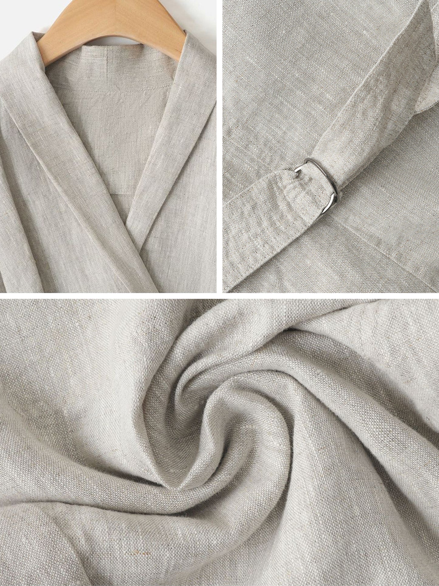 Collage of Arkin Studio linen v-neck d-ring vest in light-gray on a white background, with close-up details on fabric texture and hanger.