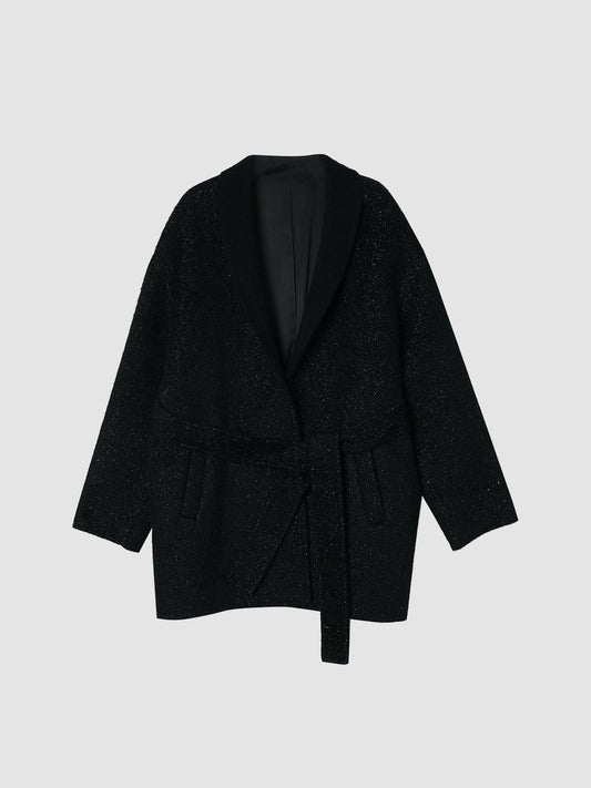 Arkin Studio metallic trim belted wool coat in black, main view on a white background