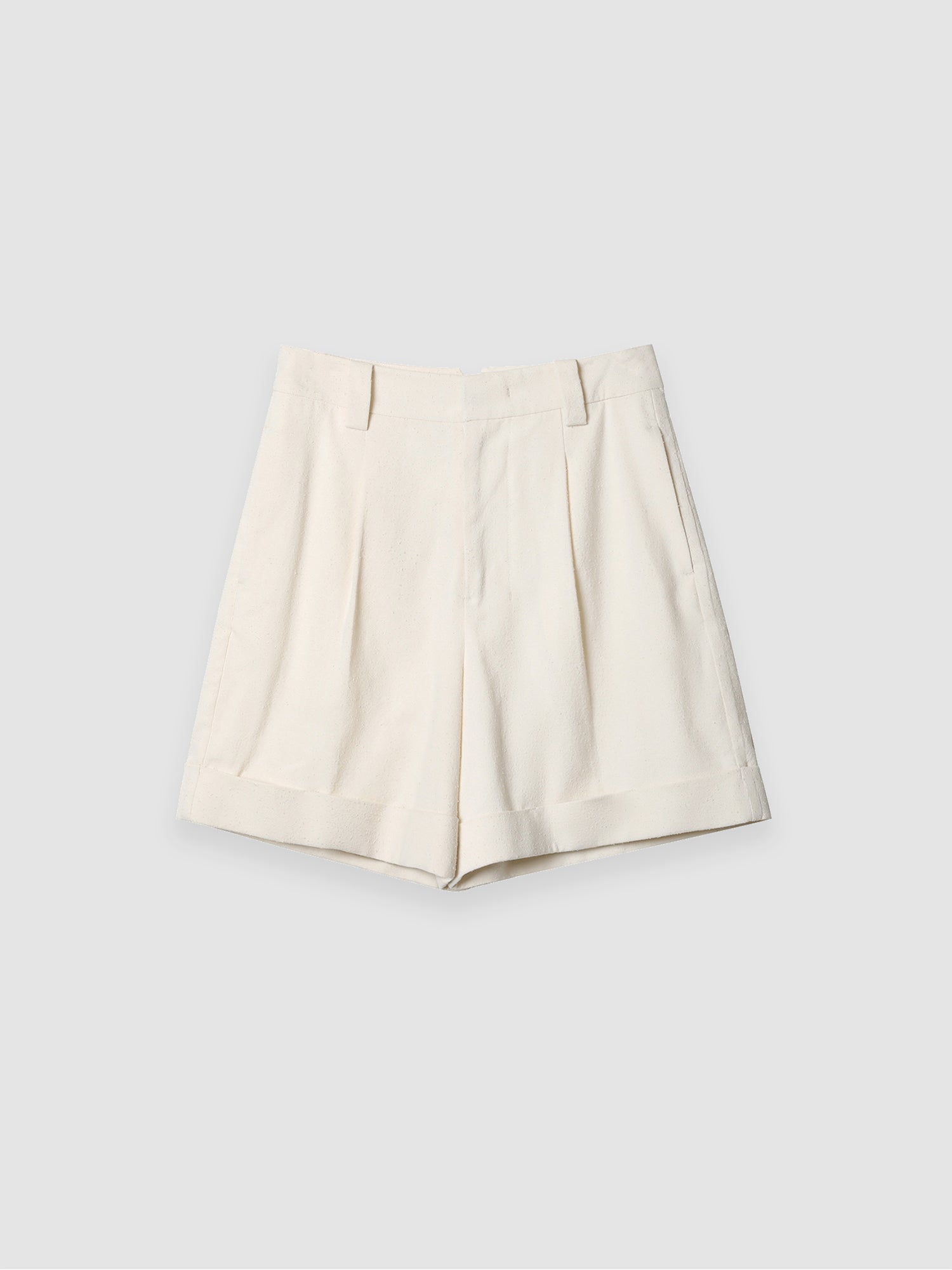 Arkin Studio minimalist cuffed a-line shorts in ivory, main view on a white background