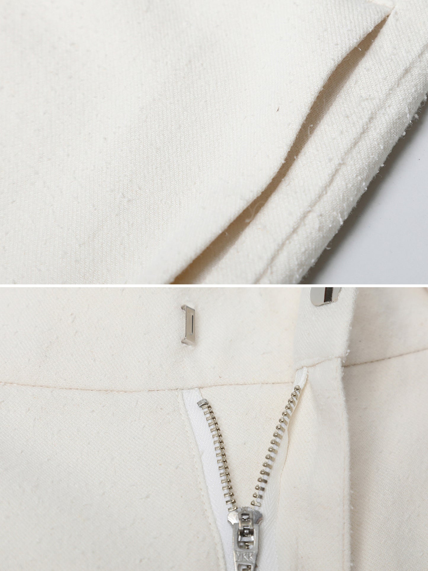 Close up of Arkin Studio minimalist cuffed a-line shorts in ivory, focusing the pocket and opening zip