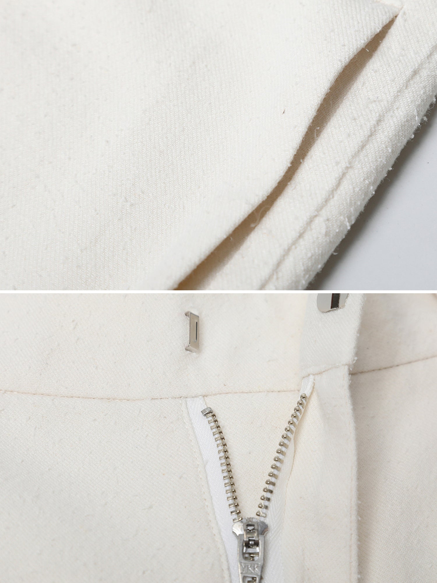 Close up of Arkin Studio minimalist cuffed a-line shorts in ivory, focusing the pocket and opening zip