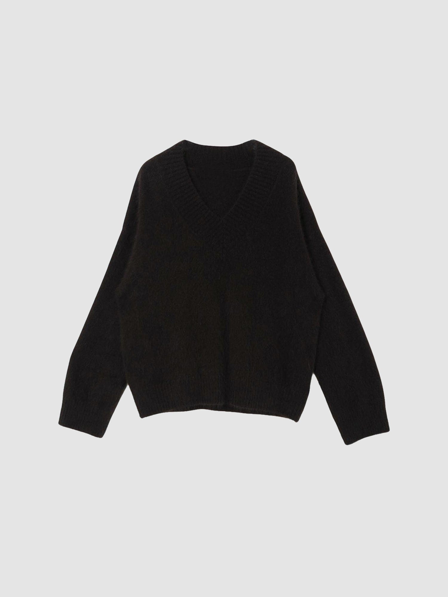 Arkin Studio oversized v-neck fuzzy sweater in dark-brown, main view on a white background