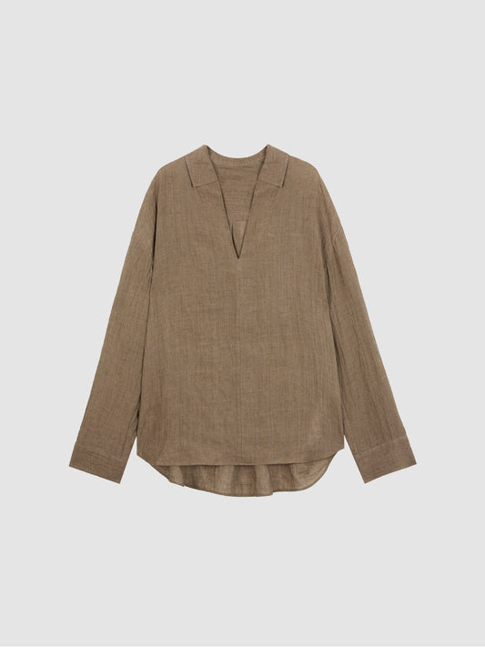 Arkin Studio relaxed crinkled linen shirt in coffee, main view on a white background