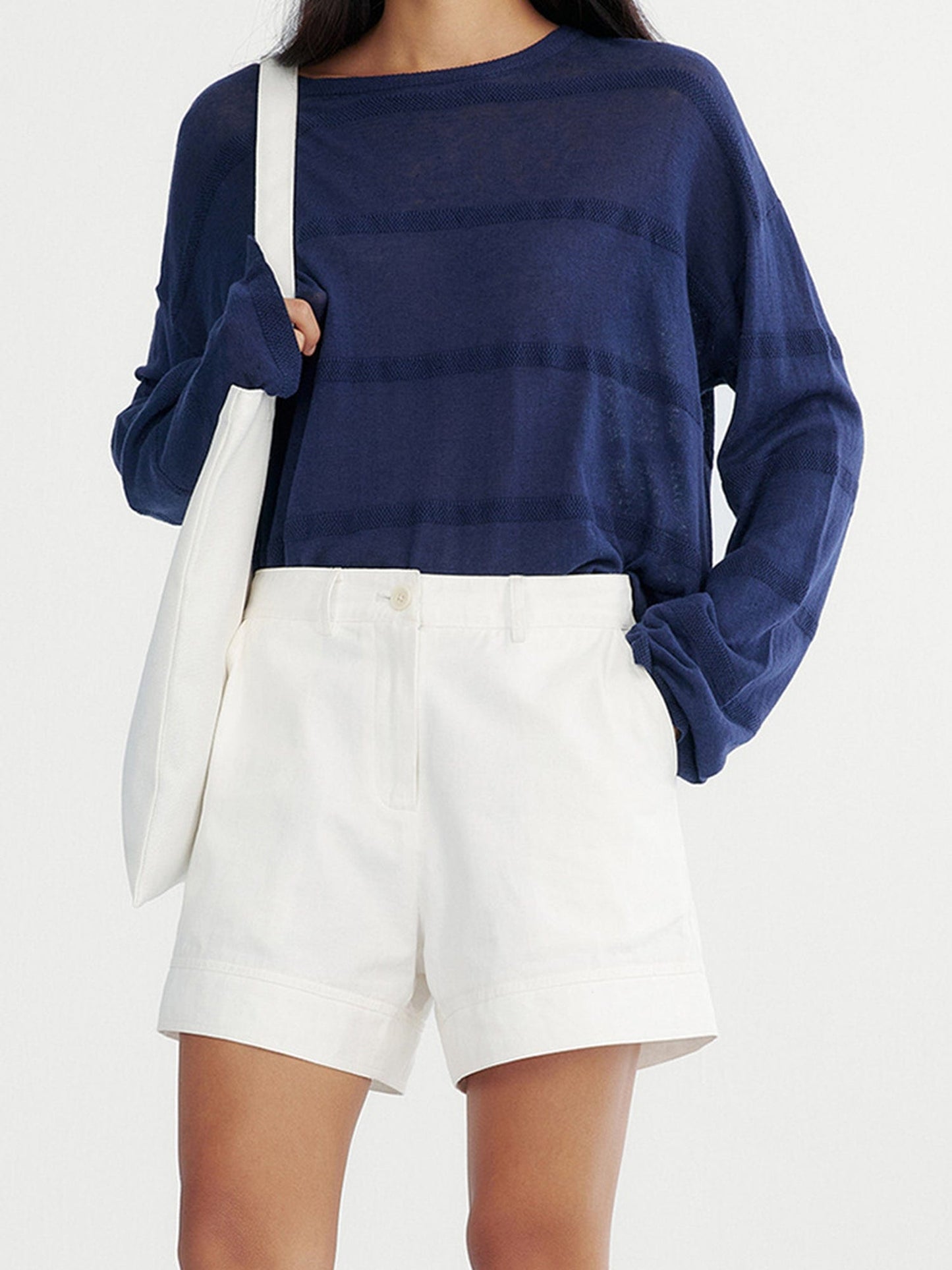 Relaxed Linen Blend Blouse Navy Blue Model 01