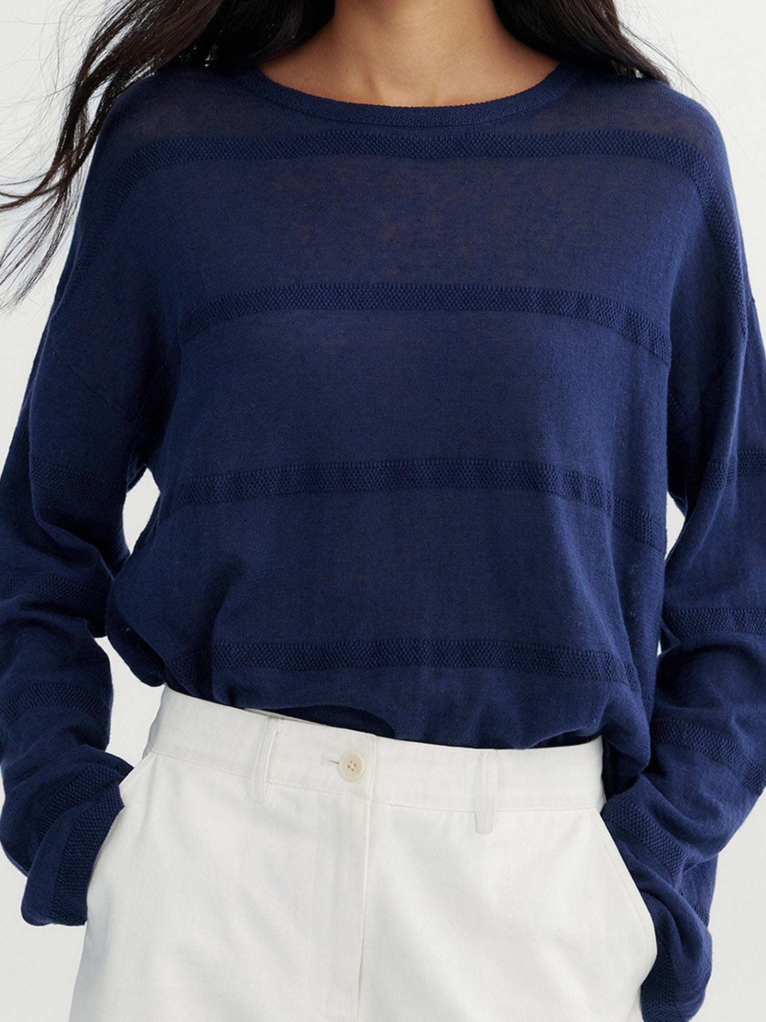 Relaxed Linen Blend Blouse Navy Blue Model 02