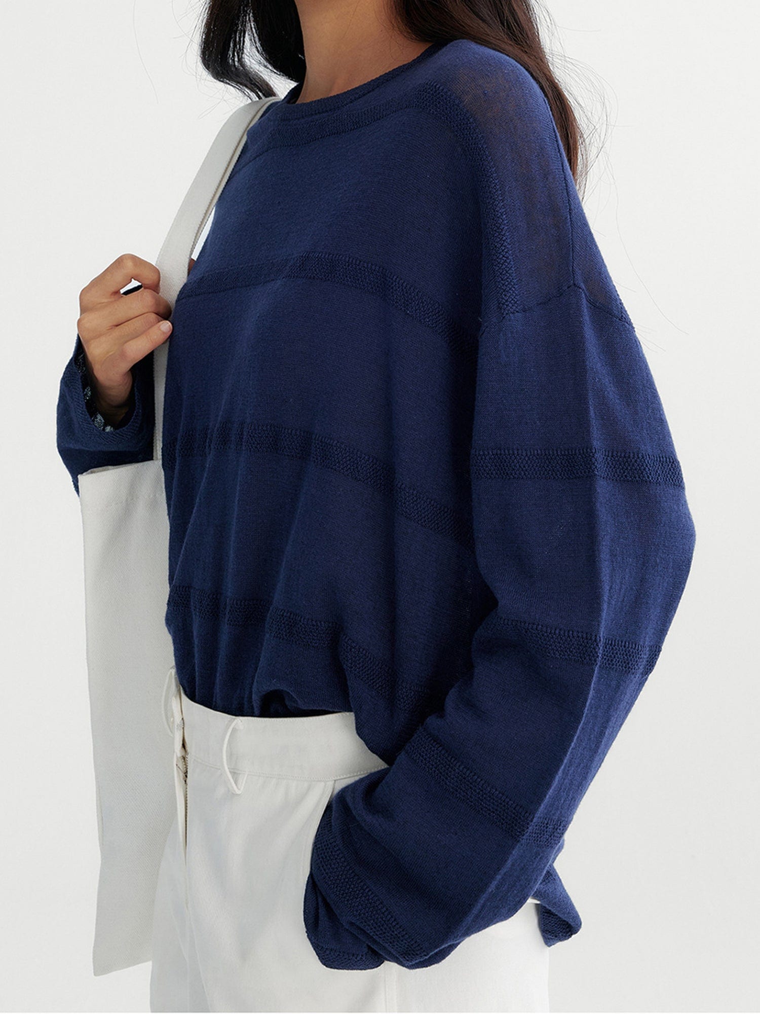 Relaxed Linen Blend Blouse Navy Blue Model 03