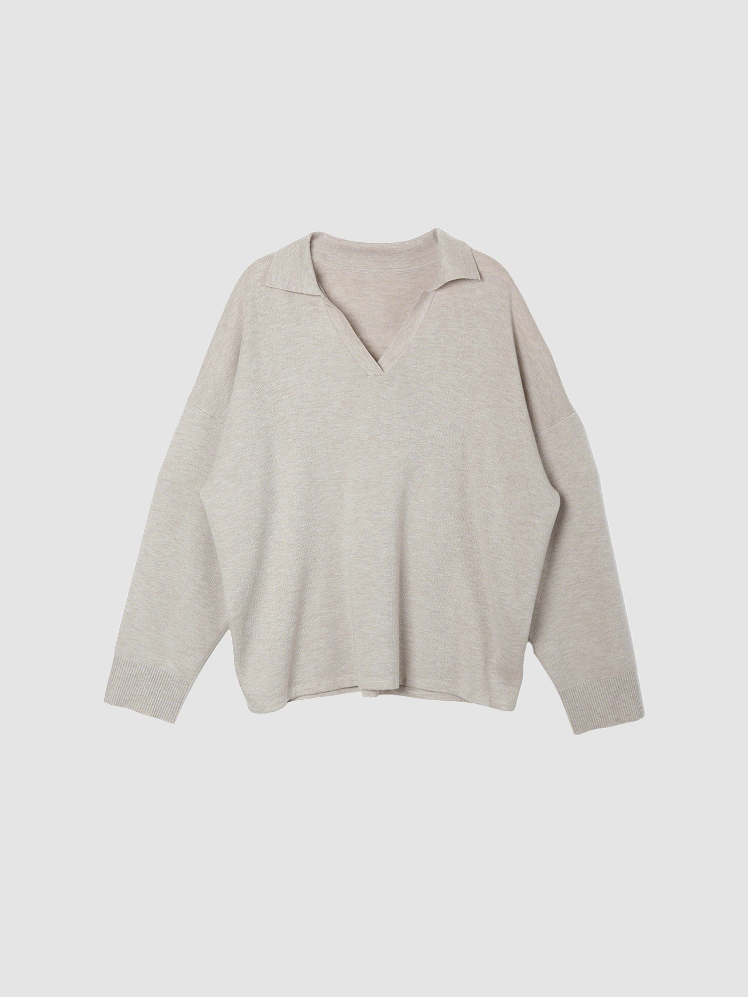 Arkin Studio relaxed v-neck wool blend sweater in taupe, main view on a white background