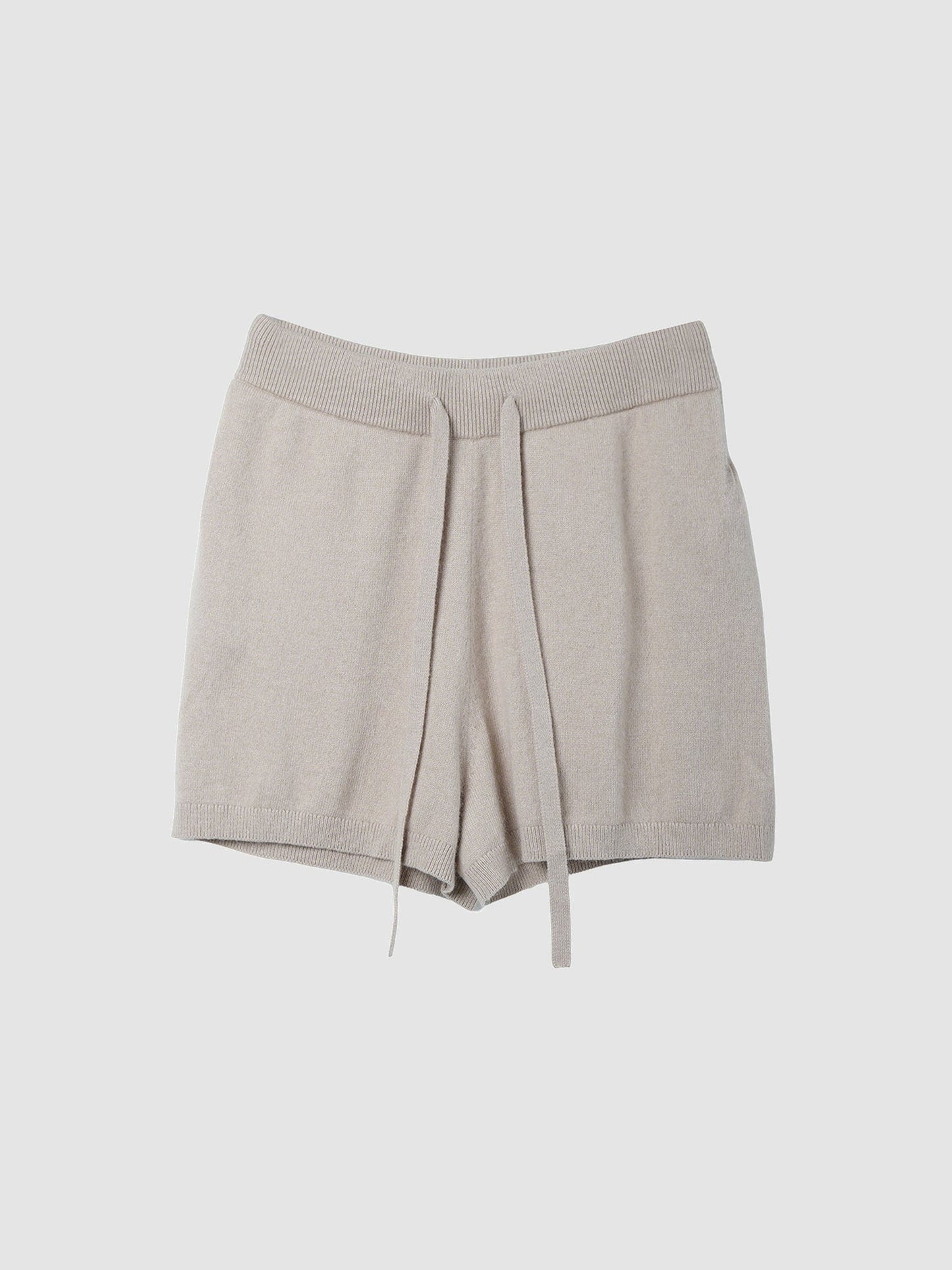 Arkin Studio ribbed knit drawstring shorts in taupe, main view on a white background