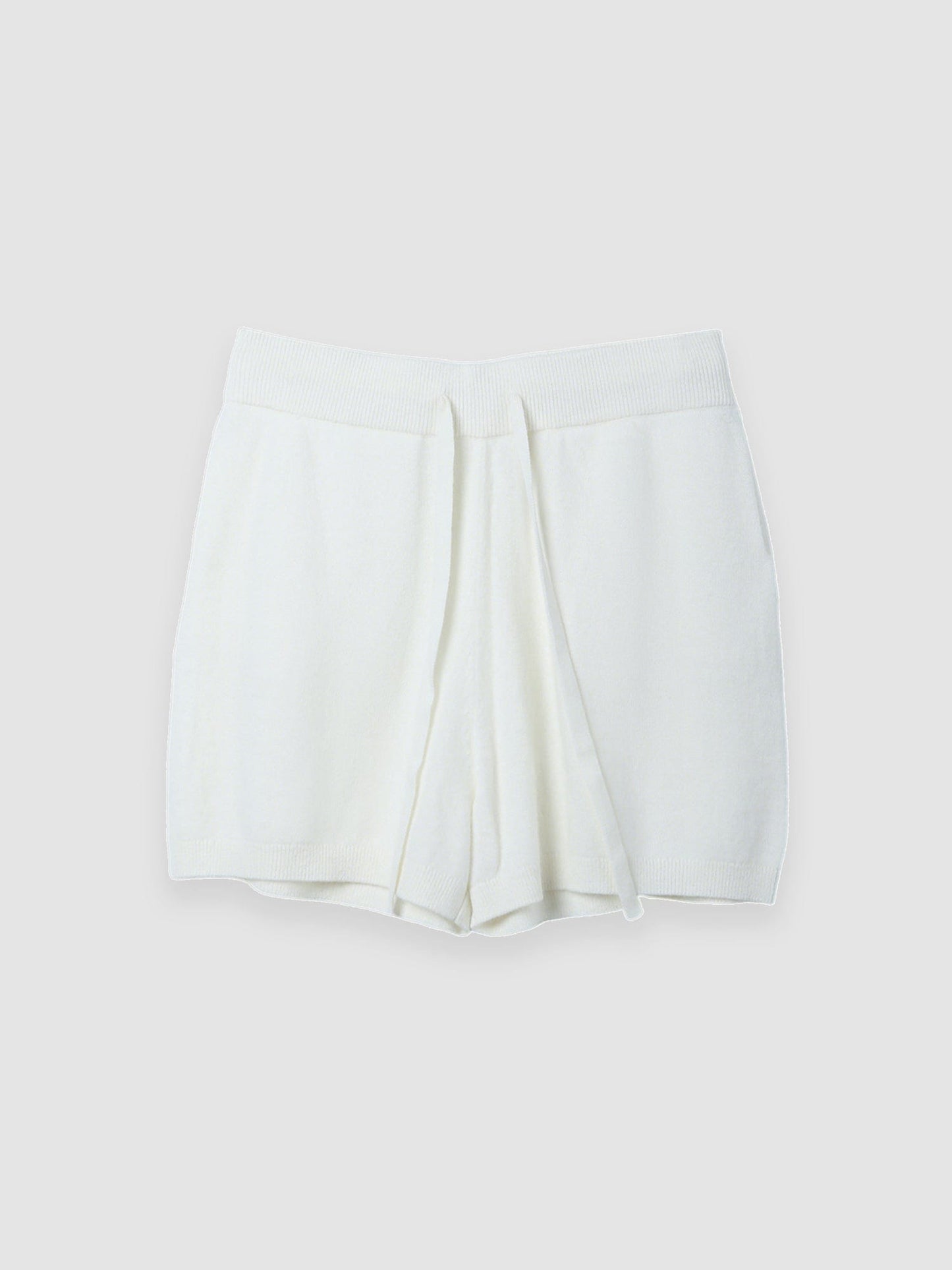 Arkin Studio ribbed knit drawstring shorts in white, main view on a white background