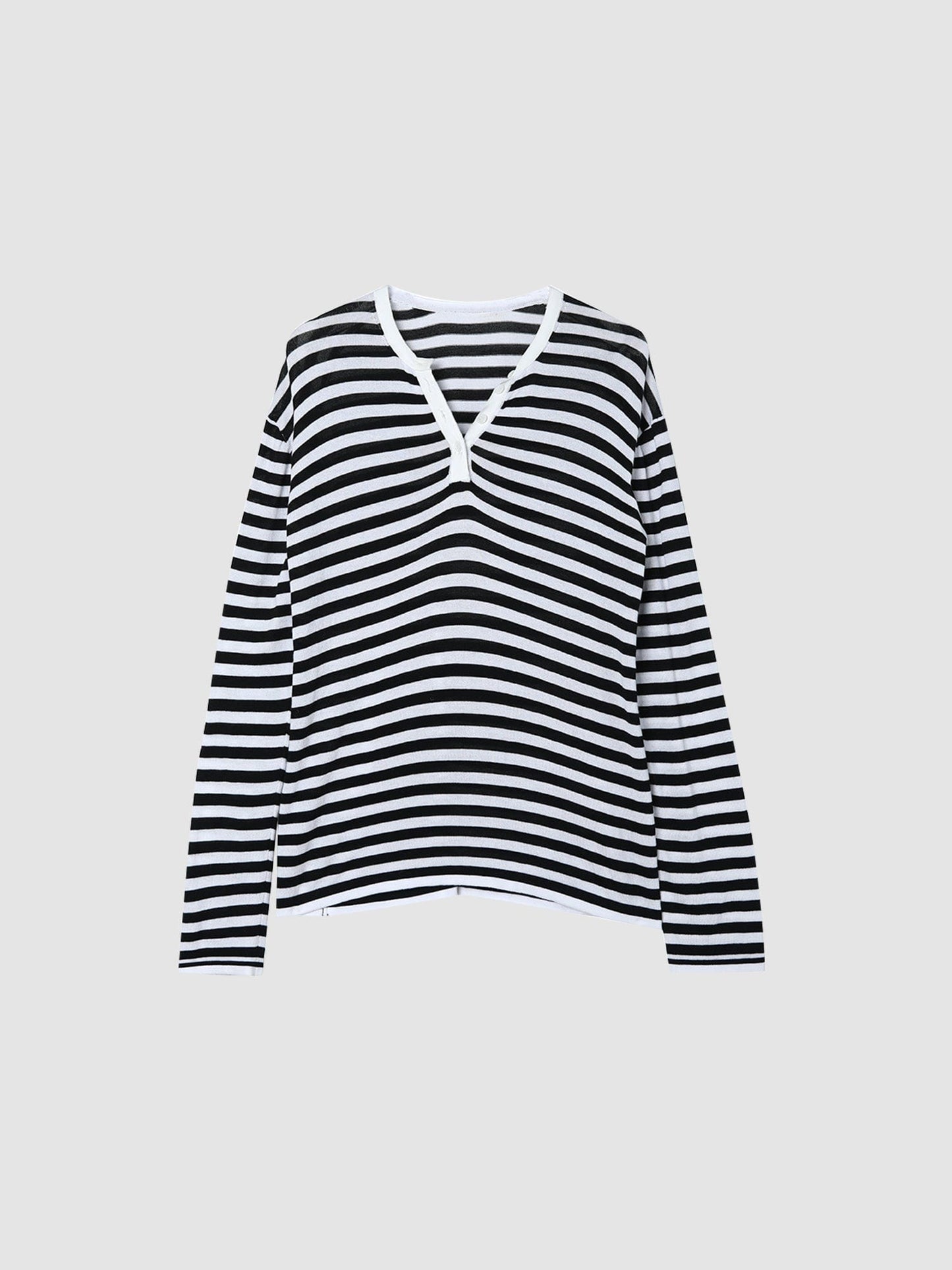 Arkin Studio Striped Henley Long Sleeve Tee in Black, main view on a white background