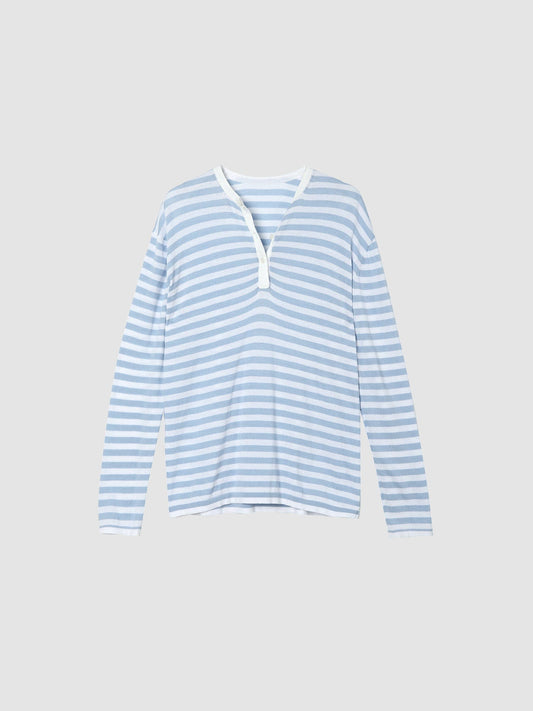 Arkin Studio Striped Henley Long Sleeve Tee in Light Blue, main view on a white background