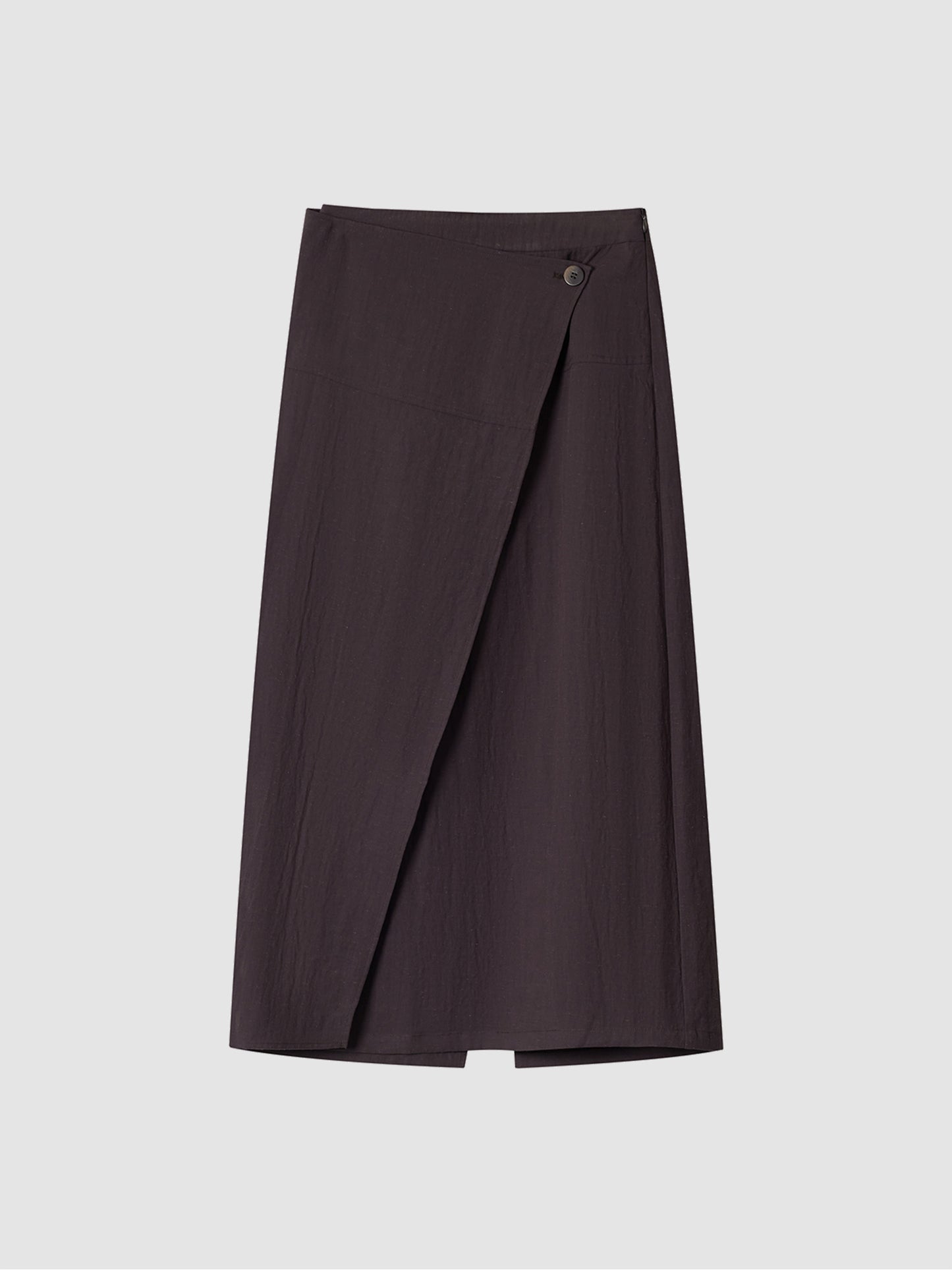 Arkin Studio textured h-line slit midi skirt with resin button in chocolate, main view on white background