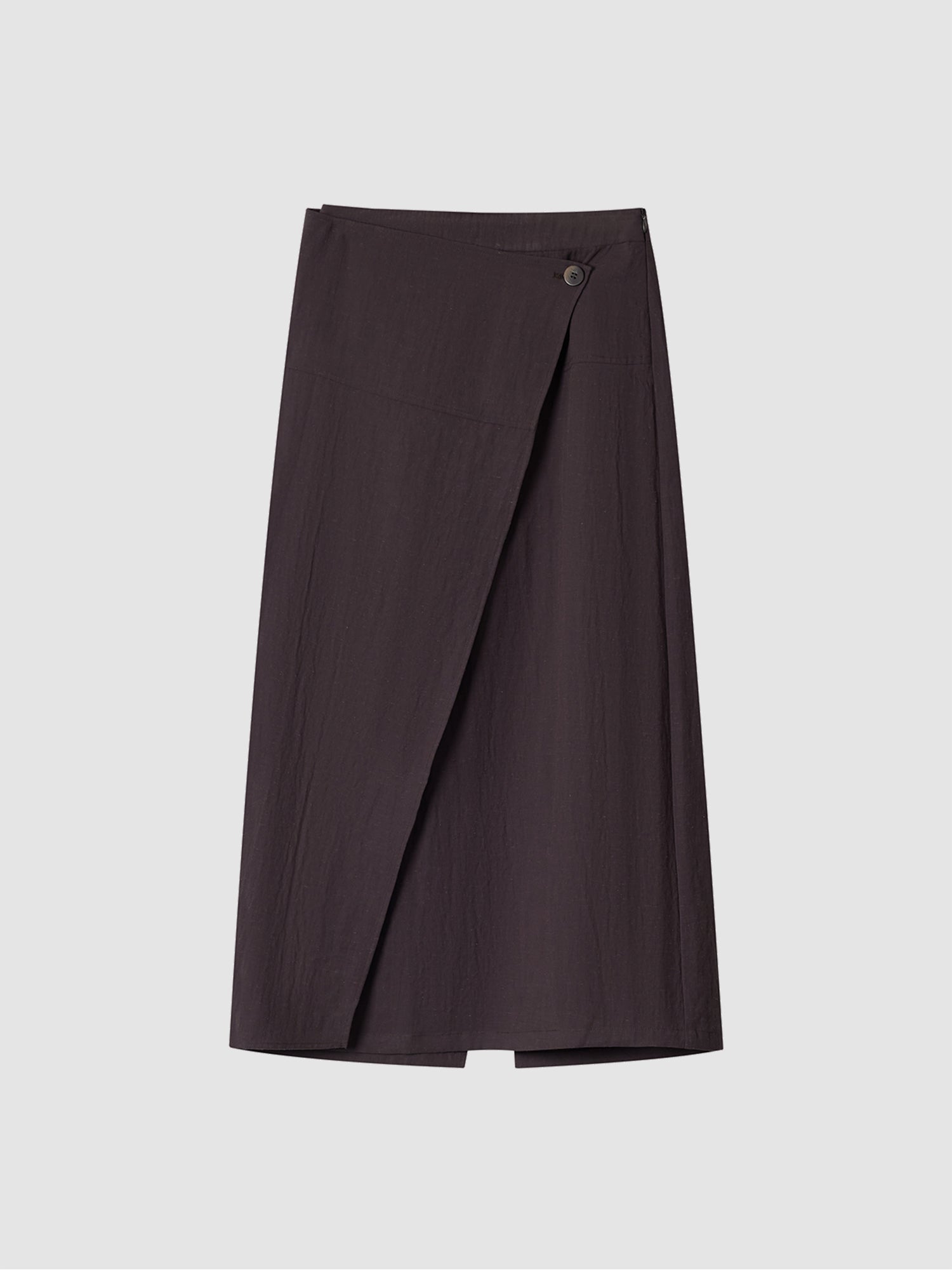 Arkin Studio textured h-line slit midi skirt with resin button in chocolate, main view on white background