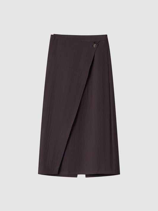 Arkin Studio textured h-line slit midi skirt with resin button in chocolate, main view on white background