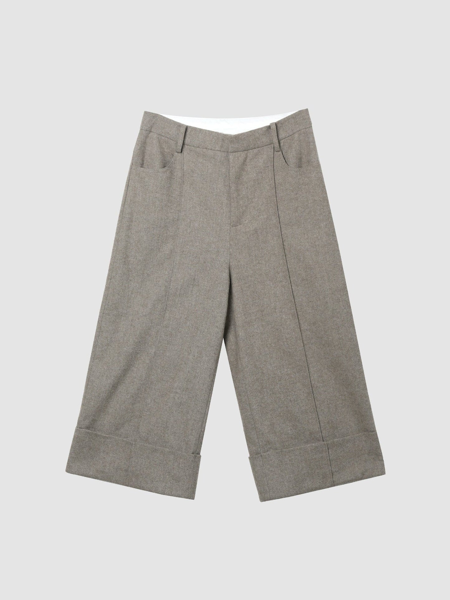 Arkin Studio turn-up hem wool trousers in taupe-gray, main view on a white background