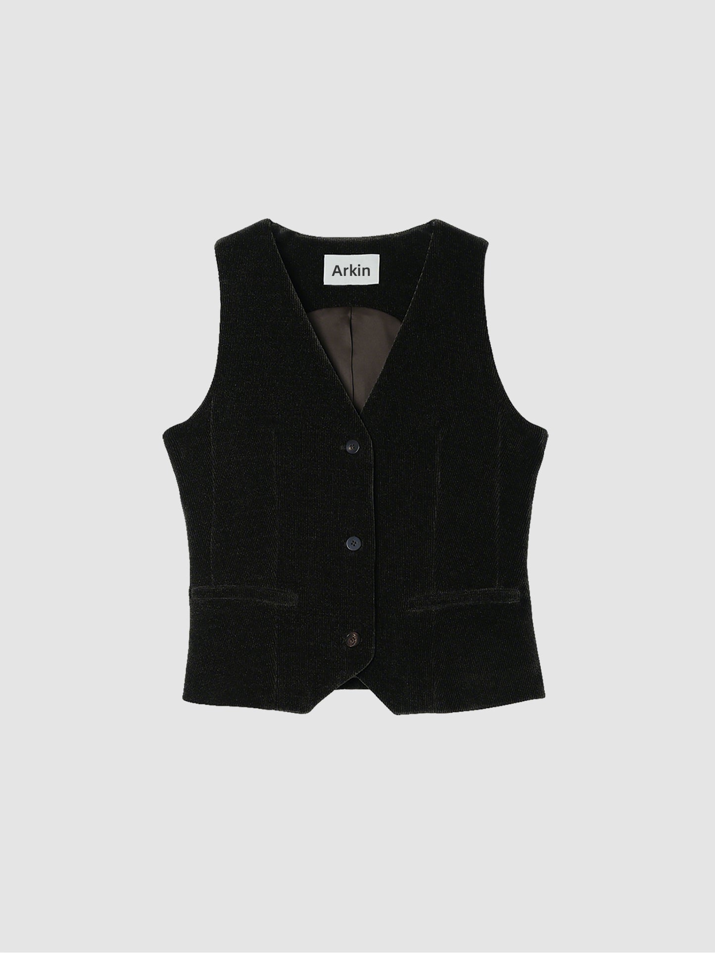 Arkin Studio v-neck corduroy vest in dark-olive, main view on a white background