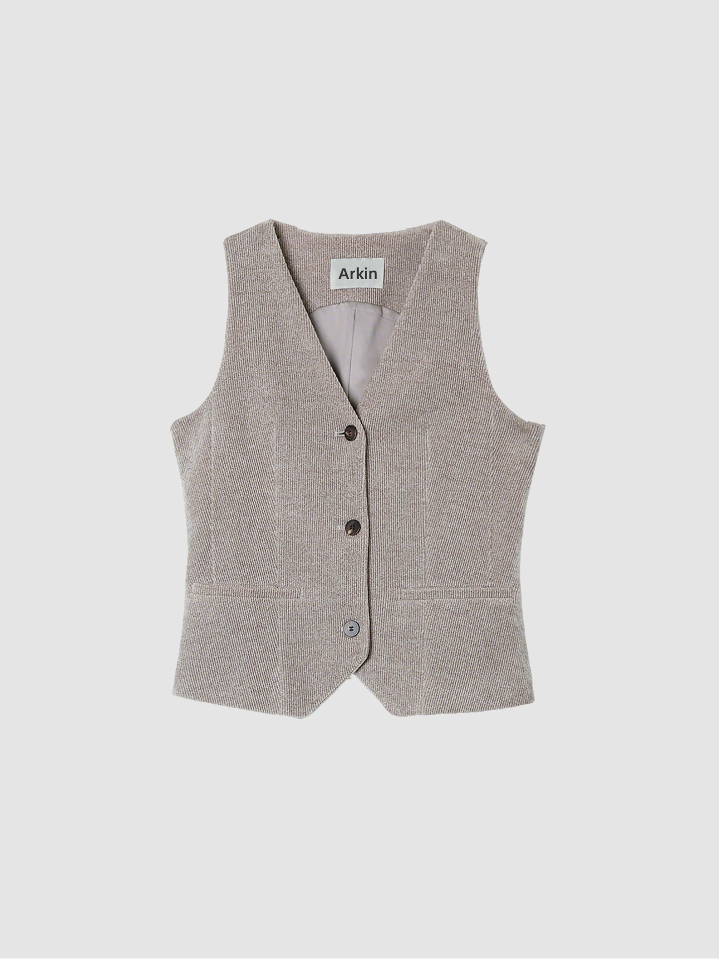 Arkin Studio v-neck corduroy vest in taupe, main view on a white background
