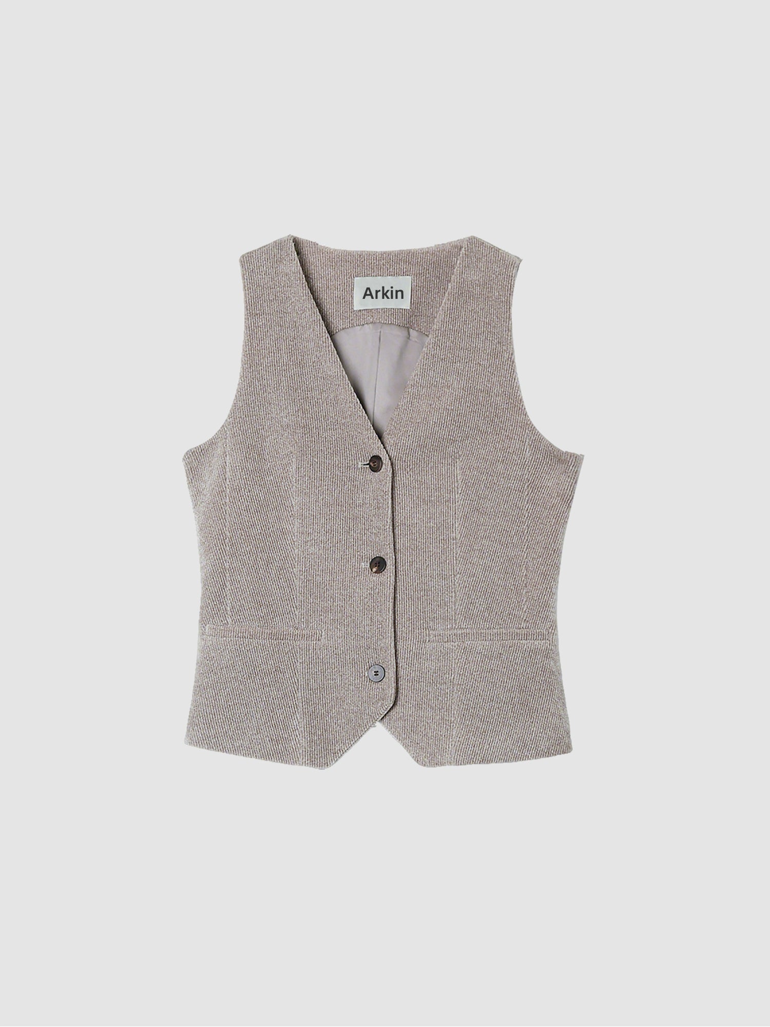 Arkin Studio v-neck corduroy vest in taupe, main view on a white background