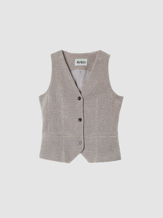 Arkin Studio v-neck corduroy vest in taupe, main view on a white background